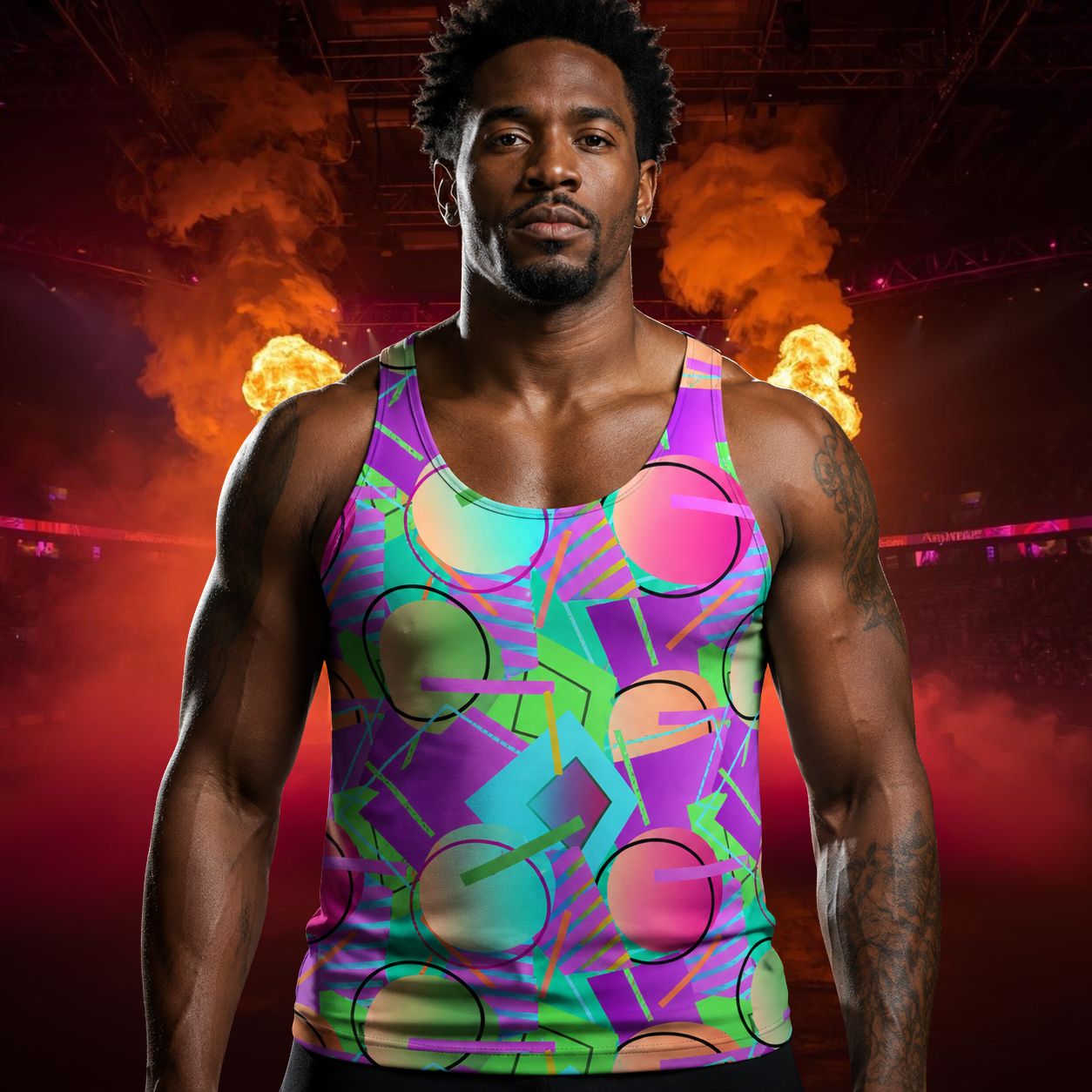 man wearing bold tank top with fun geometric design in retro Memphis style