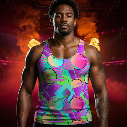 man wearing bold tank top with fun geometric design in retro Memphis style