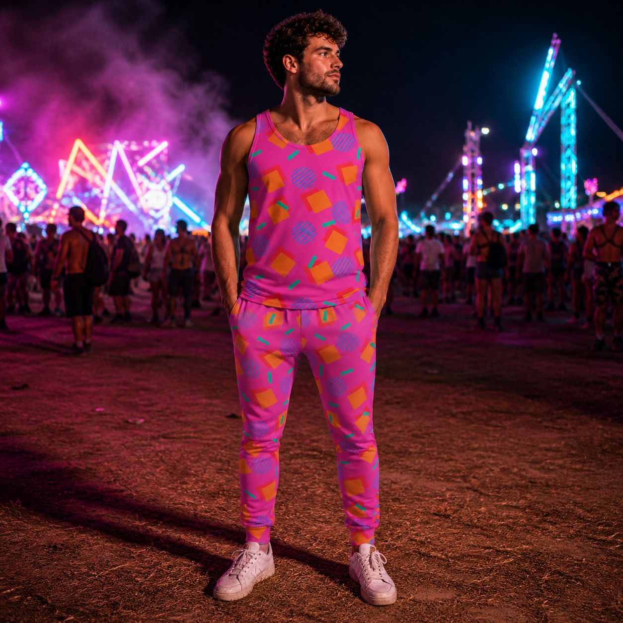 man wearing pink tank top and joggers festival outfit in pink 80s memphis style with geometric shapes, at festival with neon backdrop