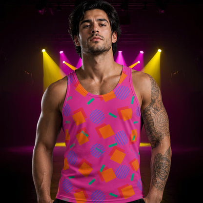 man wearing pink tank top with geometric shapes in 80s memphis design