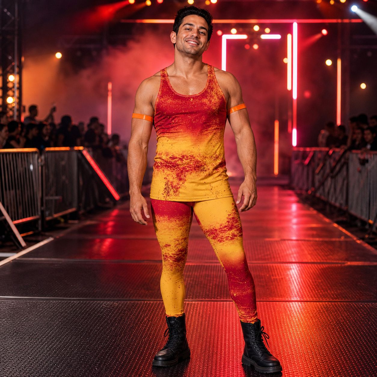 man standing in wrestling arena wearing red and orange fire and lava tank top and leggings