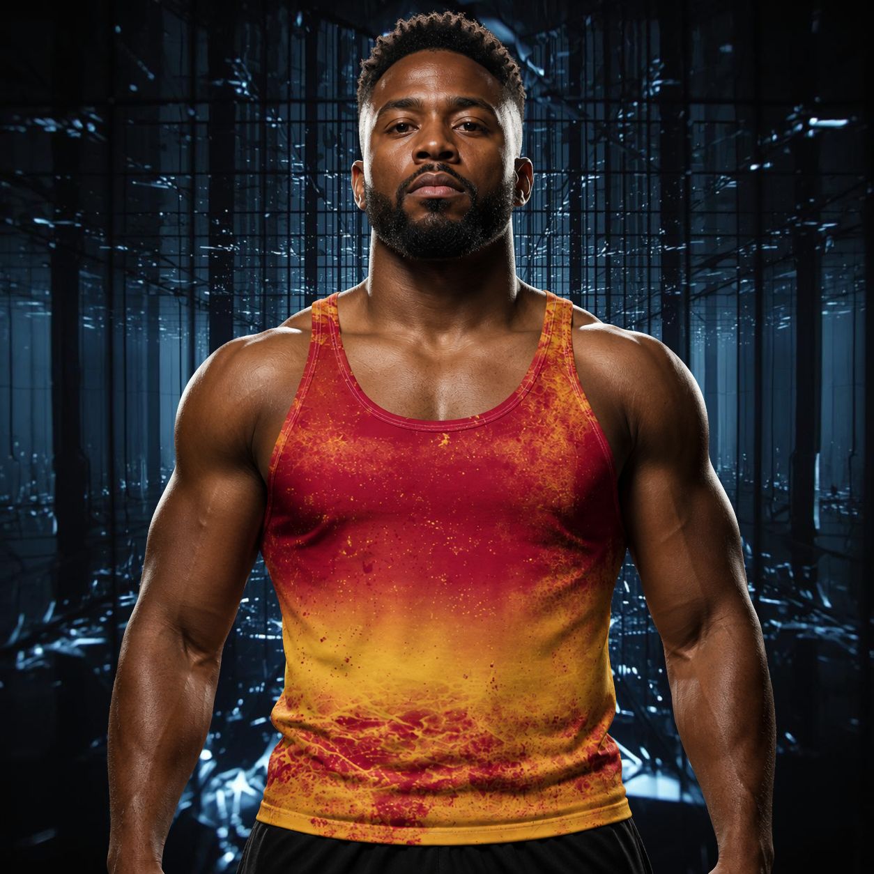 man wearing tank top with orange and red hell fire design