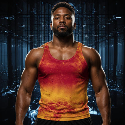 man wearing tank top with orange and red hell fire design