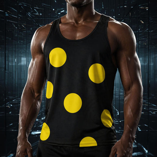Person wearing a black tank top with large yellow polka dots against a dark background