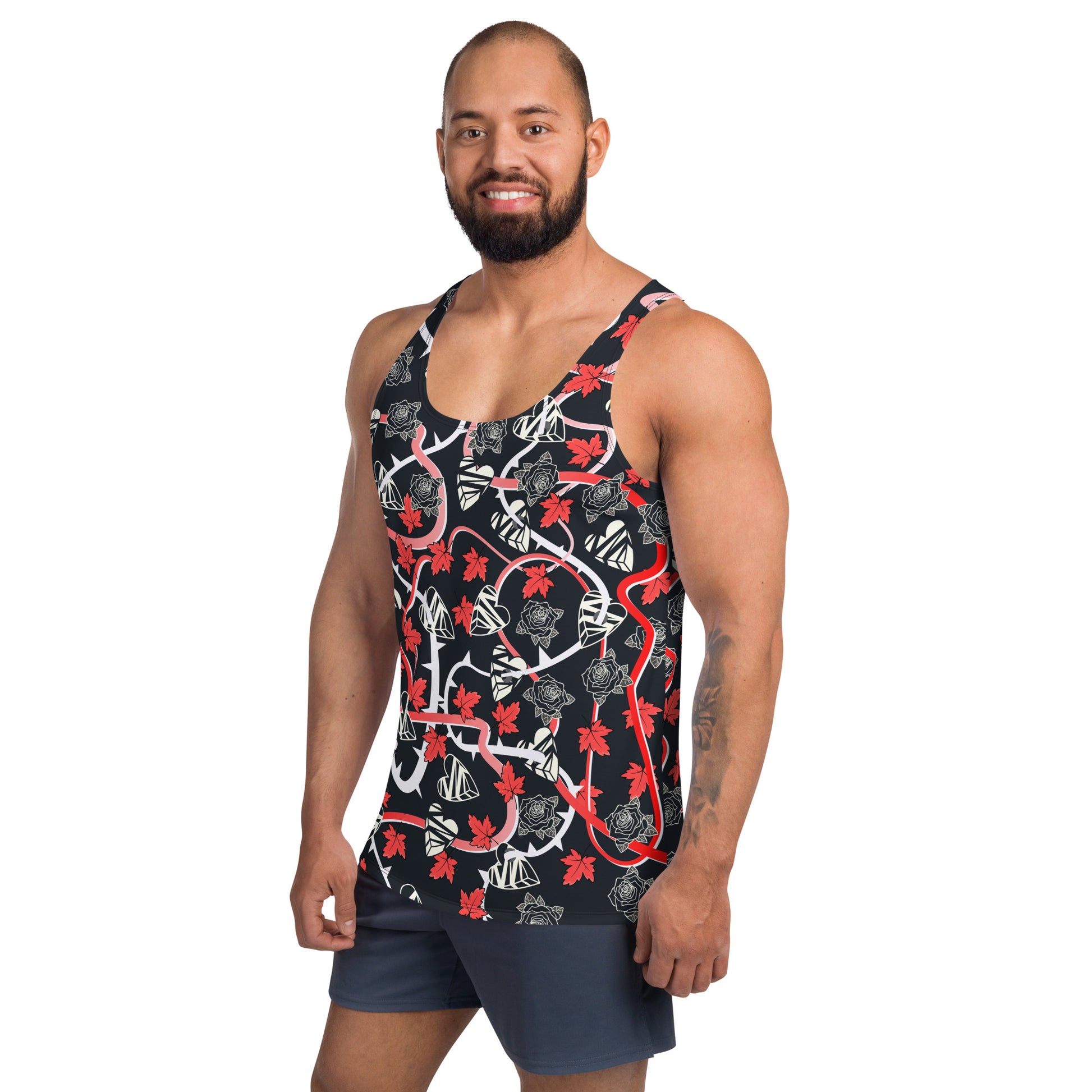 Mens tank top in black with broken hearts, vines and thorns. Pro-wrestling style costume.