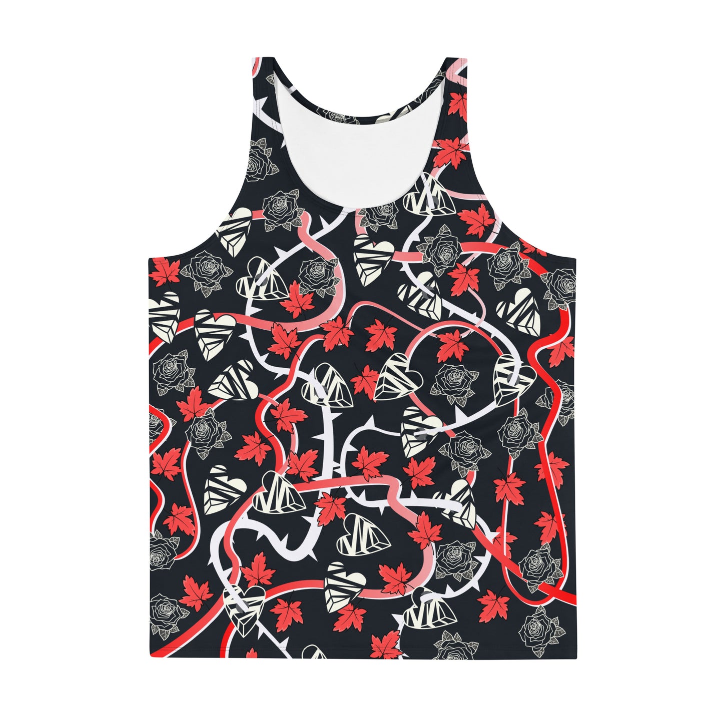 Mens tank top in black with broken hearts, vines and thorns. Pro-wrestling style costume.