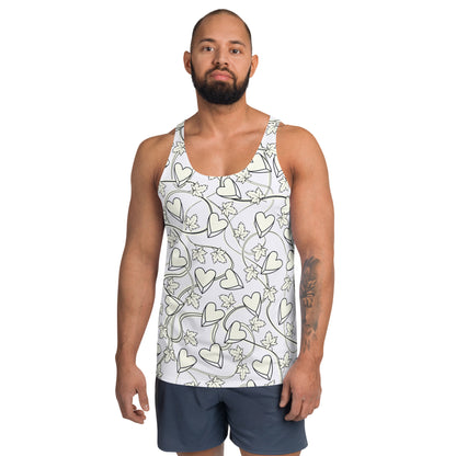 Mens tank top in silver with broken hearts, vines and thorns. Pro-wrestling style costume.