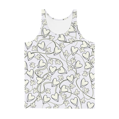 Mens tank top in silver with broken hearts, vines and thorns. Pro-wrestling style costume.