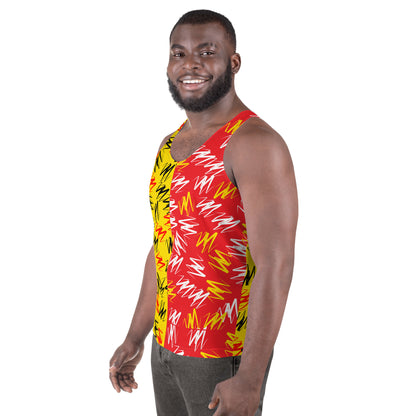 Mens tank top in split orange and yellow zigzags design on black polyester fabric. Relaxed fit, sleeveless. Pro wrestling gear style.