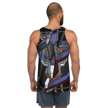 Man wearing a tank top with a geometric pattern on a white background