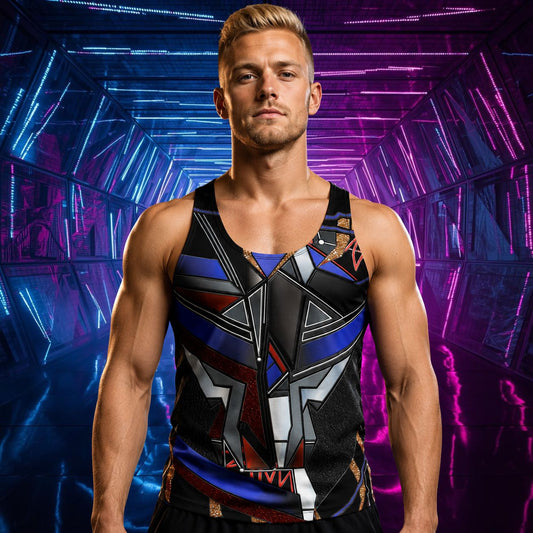 Man wearing cyberpunk patterned tank top with geometric shapes in futuristic setting