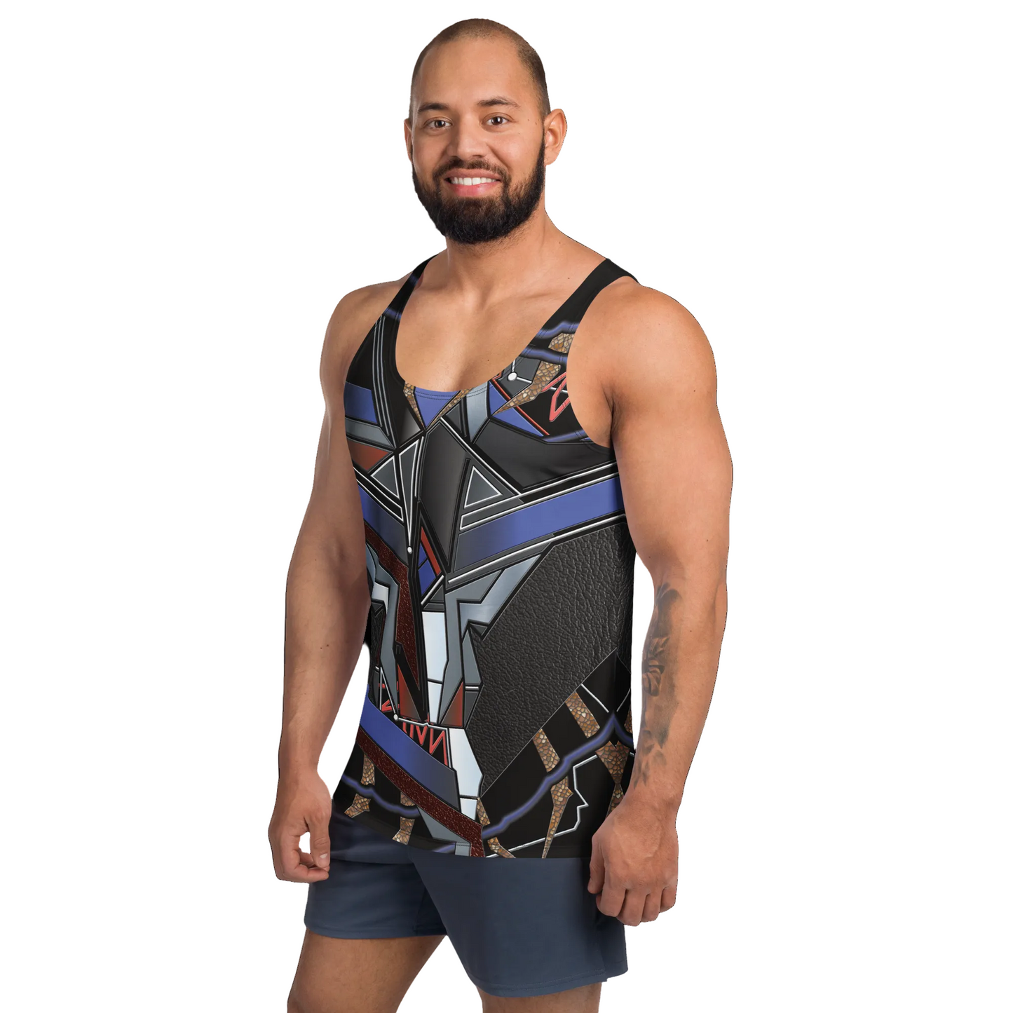 Man wearing geometric cyberpunk design tank top in silver, gray and blue with mock fabric eg rubber