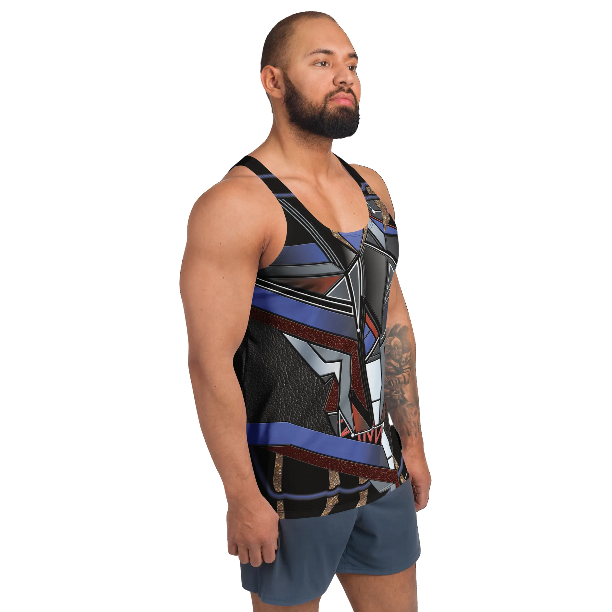 Man wearing geometric cyberpunk design tank top in silver, gray and blue with mock fabric eg rubber. Facing right