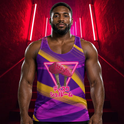Man wearing purple and orange tank top with neon strawberries and Japanese anime script.