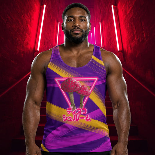 Man wearing purple and orange tank top with neon strawberries and Japanese anime script.