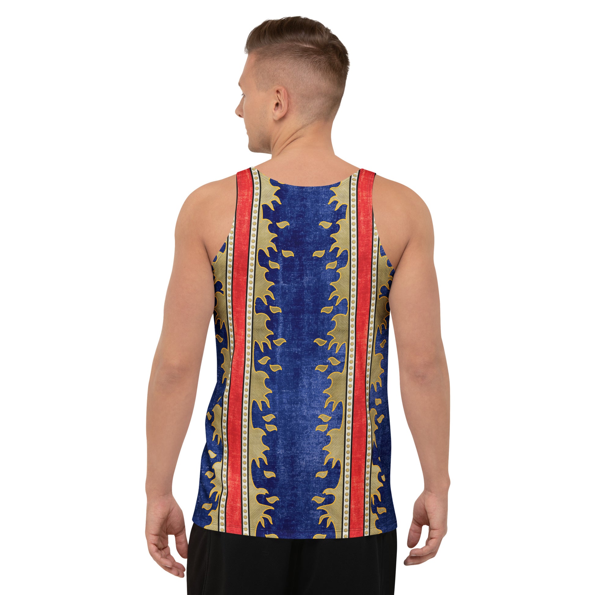 Men modeling Military Eagle retro wrestling tank top with bold graphic american hero and fire print