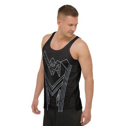 Men wearing electric cyberpunk tank top with futuristic metallic and leather graphic design
