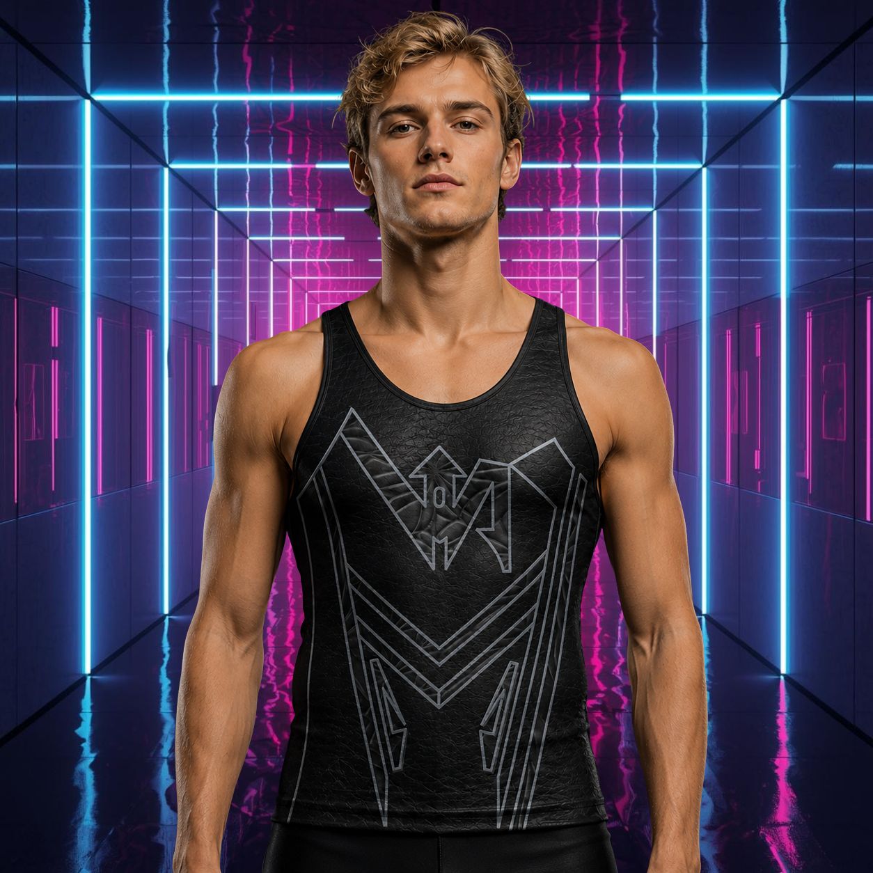 man wearing cyberpunk black tank top with leather effect and geometric shapes