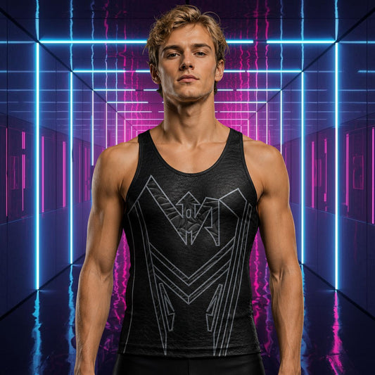 man wearing cyberpunk black tank top with leather effect and geometric shapes