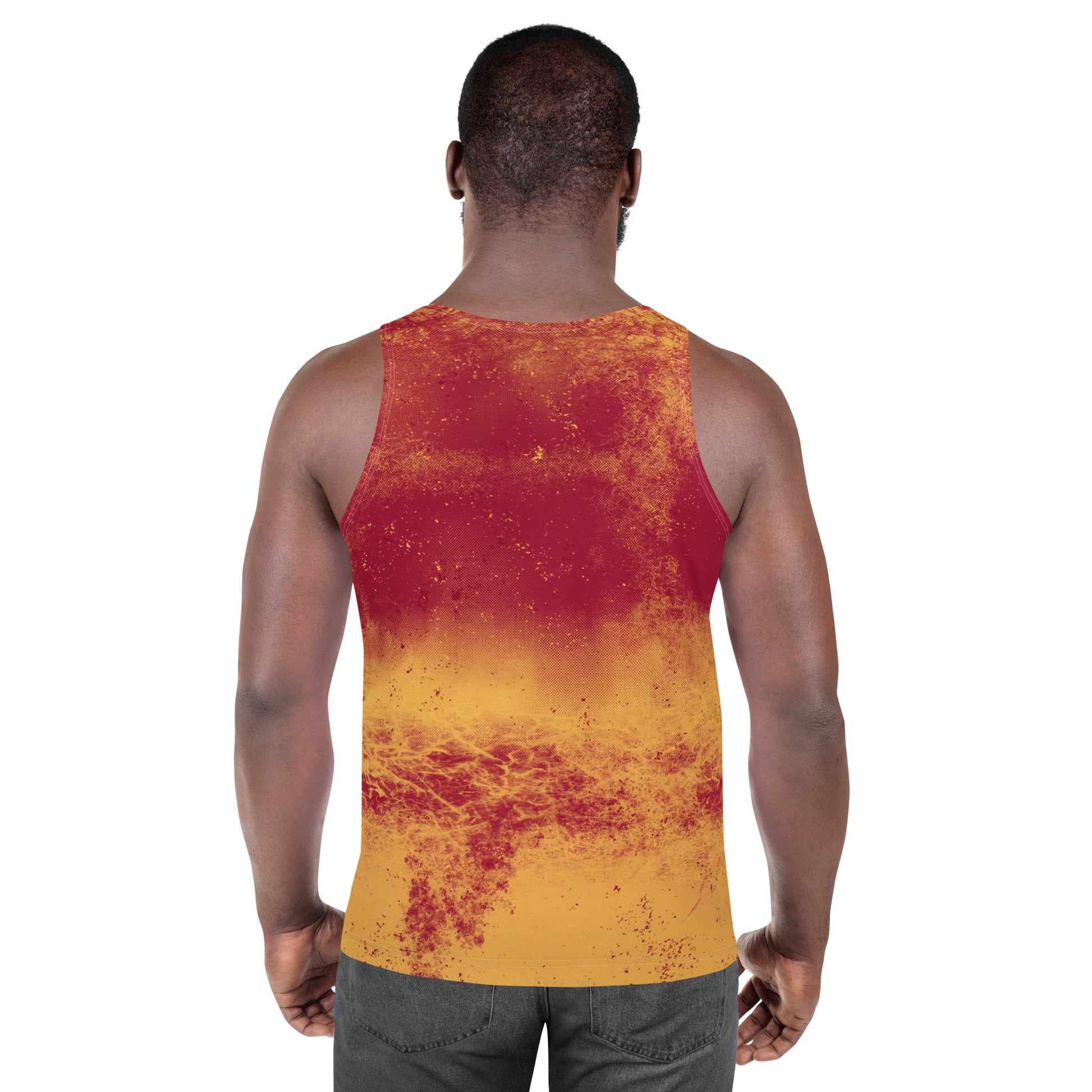 Mens patterned tank top in pro wrestling gear style. Fiery all-over pattern in a retro 70s vibe.