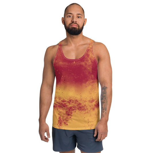 Mens patterned tank top in pro wrestling gear style. Fiery all-over pattern in a retro 70s vibe.