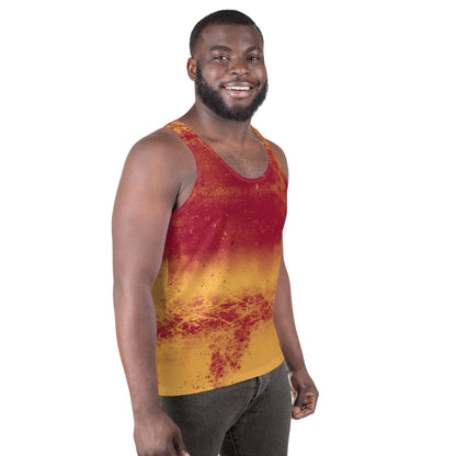 Mens patterned tank top in pro wrestling gear style. Fiery all-over pattern in a retro 70s vibe.