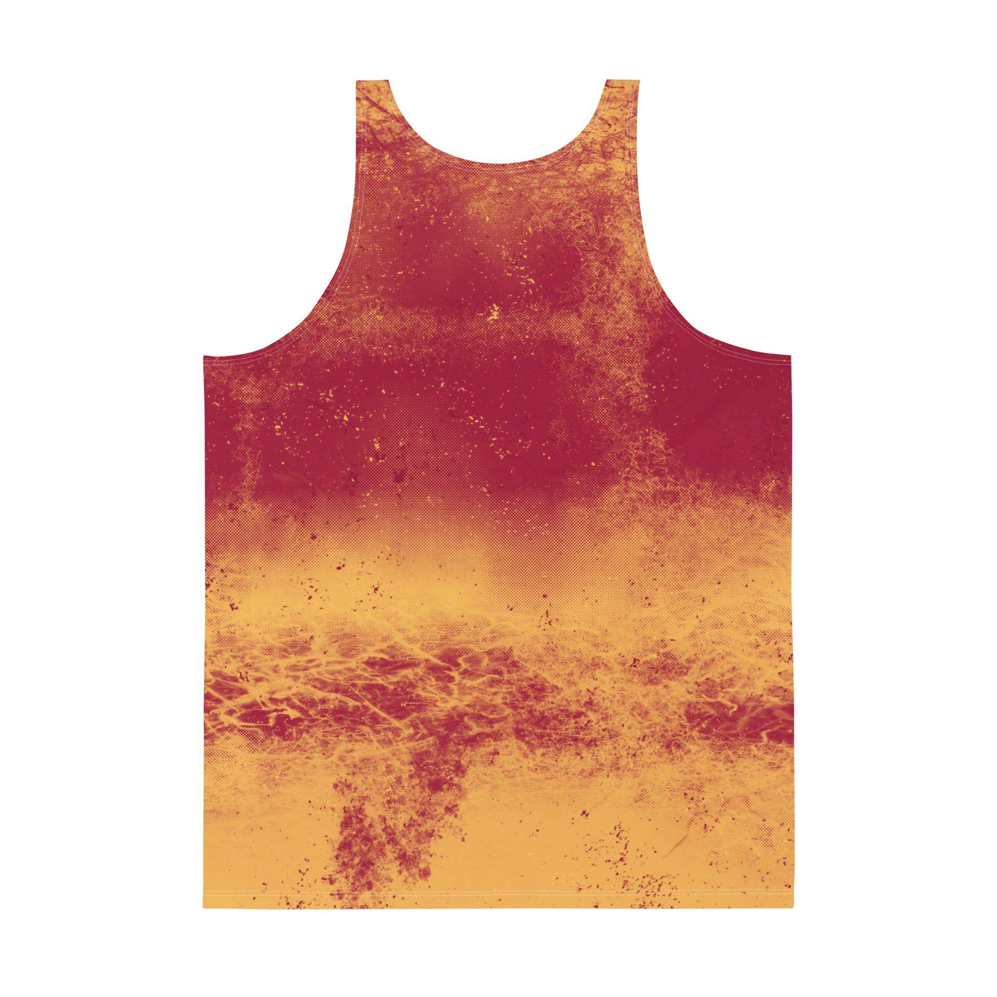 Mens patterned tank top in pro wrestling gear style. Fiery all-over pattern in a retro 70s vibe.