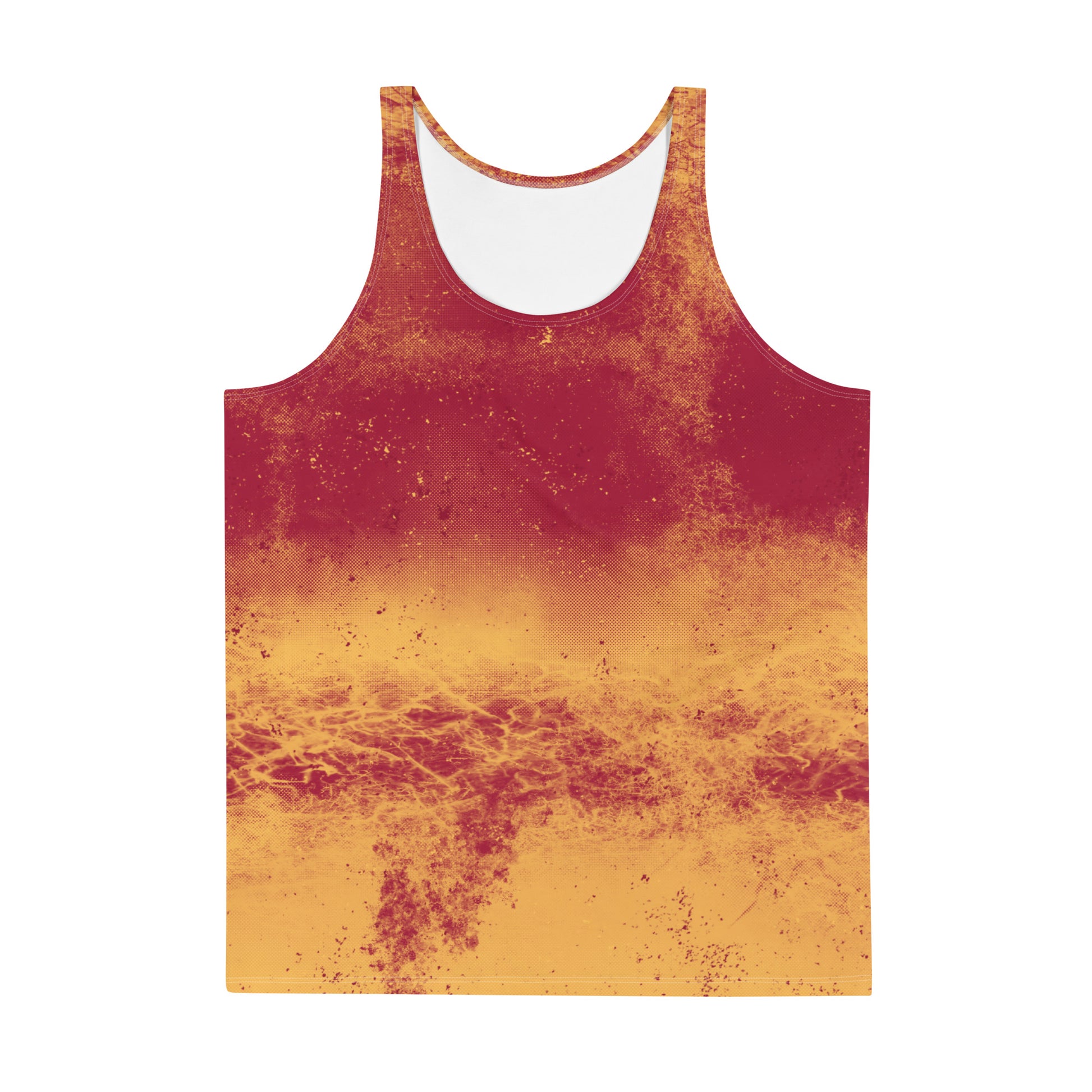 Mens patterned tank top in pro wrestling gear style. Fiery all-over pattern in a retro 70s vibe.