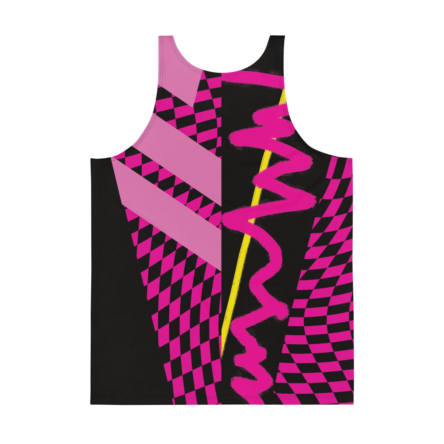 Men's tank top in pink and black with contrasting yellow stripe. Fun retro style for arena entrances.