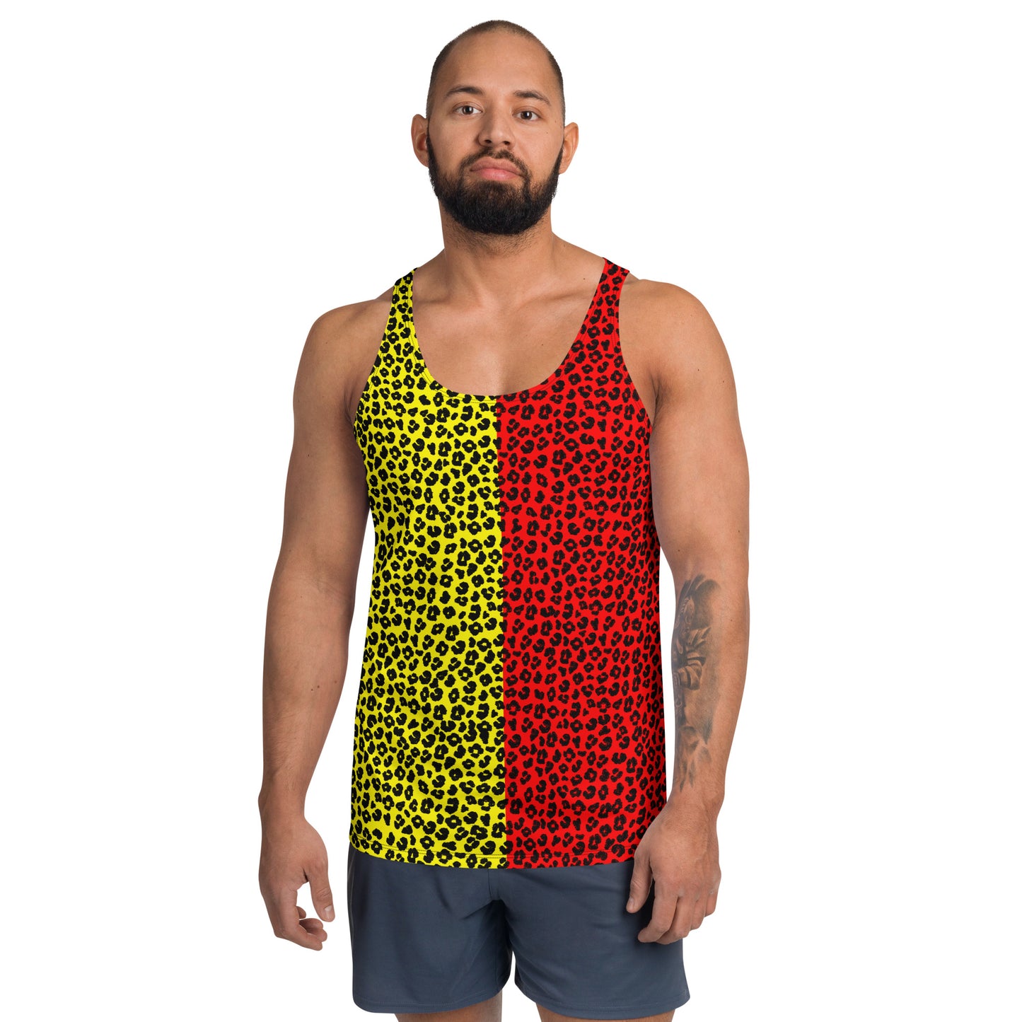 Man wearing tank top in split yellow and red with black leopard skin pattern