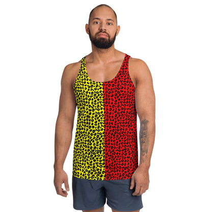 Man wearing tank top in split yellow and red with black leopard skin pattern