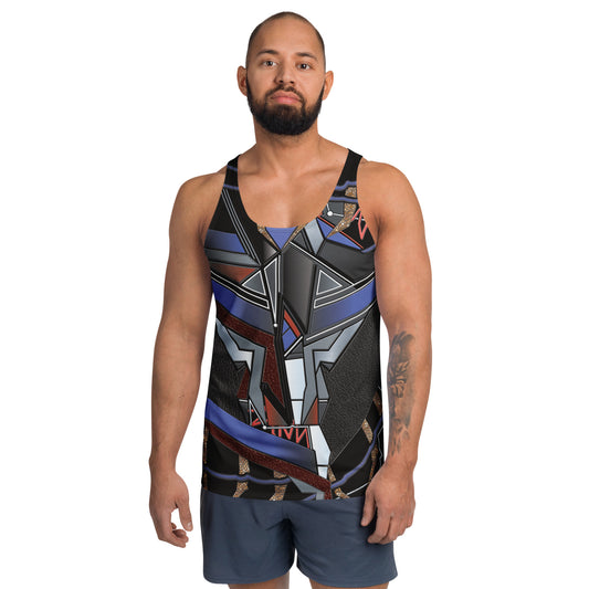 Man wearing a tank top with a geometric pattern in a futuristic cyberpunk design.