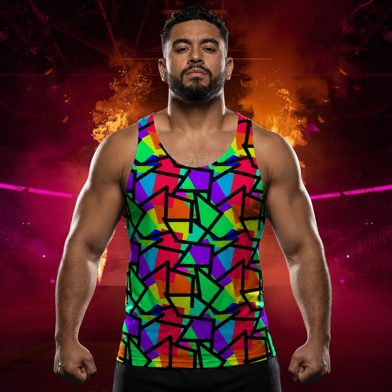 Man wearing a colorful rainbow geometric tank top against a vibrant background