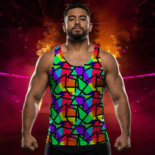 Man wearing a colorful rainbow geometric tank top against a vibrant background