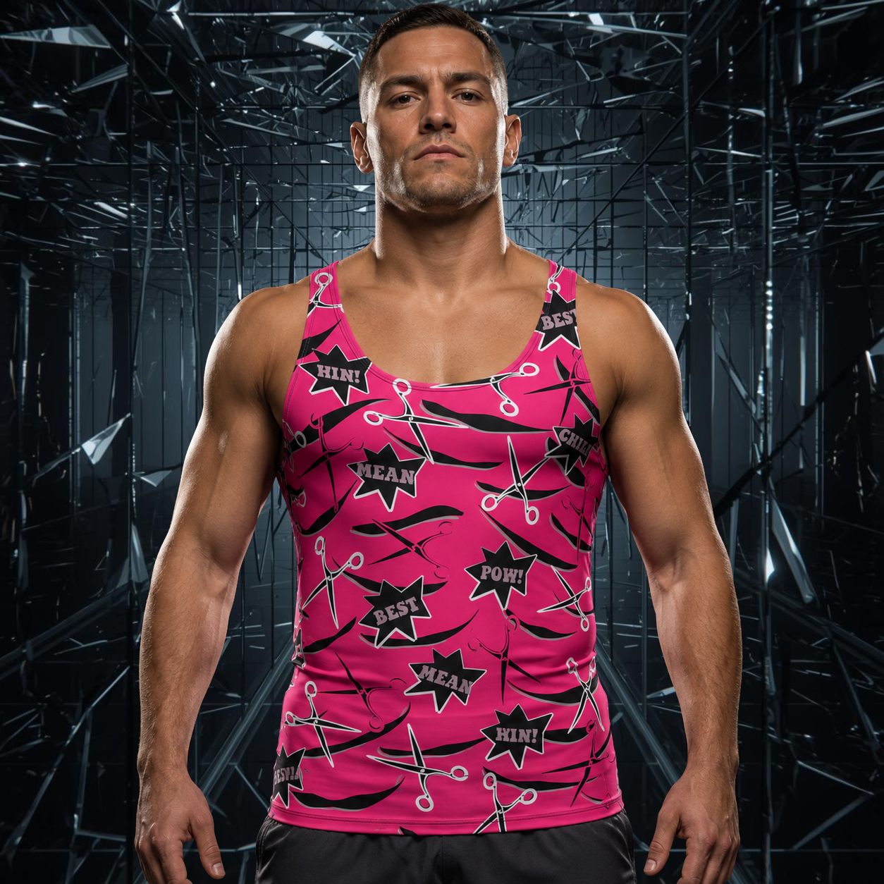 Man wearing a pink tank top with black scissors and slits against a dark, industrial background