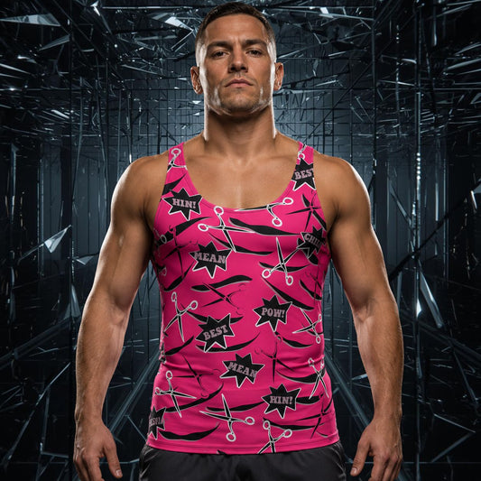 Man wearing a pink tank top with black scissors and slits against a dark, industrial background