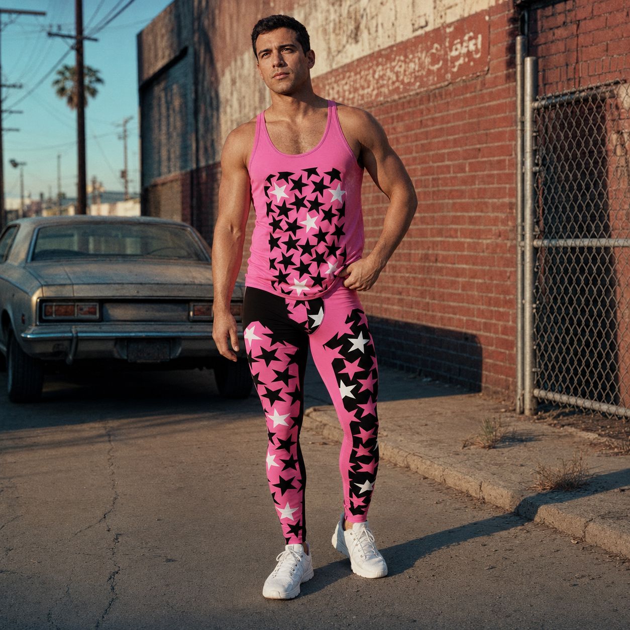 Man wearing hot pink retro wrestling gear consisting of tank top and matching tights in urban LA street