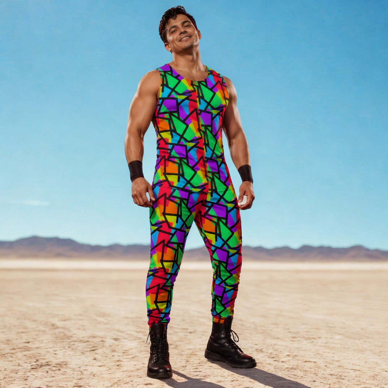 Man standing at La Playa Burning Man wearing a tank top and joggers outfit in rainbow colored geometric design with geometric black overlay.
