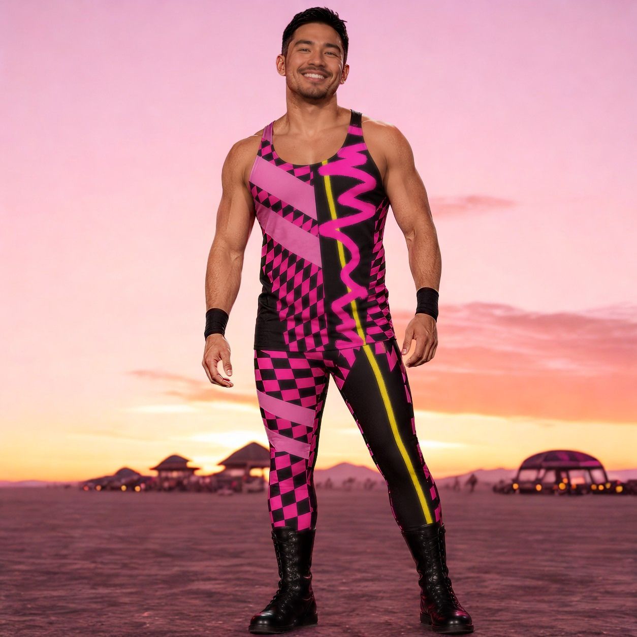 Person wearing a colorful pink and black geometric checkered tank top and leggings outfit with a sunset background at la Playa, Burning Man.