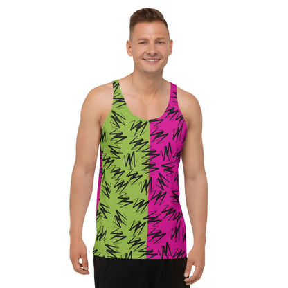 Mens tank top in split pink and green zigzags design on black polyester fabric. Relaxed fit, sleeveless. Pro wrestling gear style.