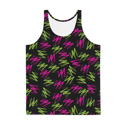 Mens tank top in pink and green zigzags on black polyester fabric. Relaxed fit, sleeveless