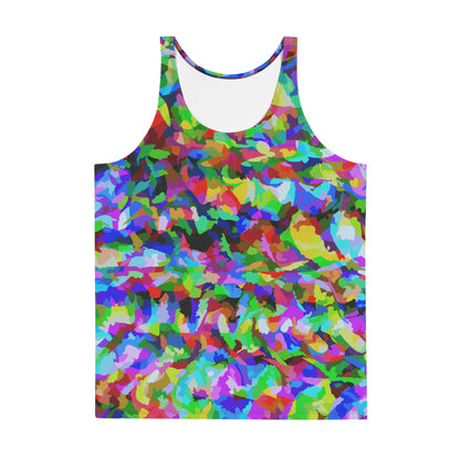 Rainbow coloured psychedelic trippy pattern in a 60s and LGBT vibe, this all-over pattern tank top sports vest by BillingtonPix contains tones of red, green, yellow, purple and blue.