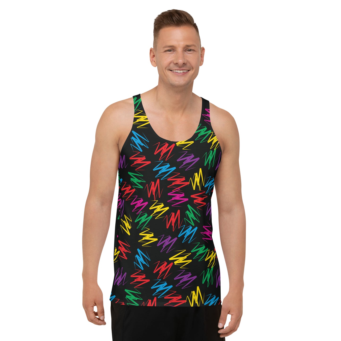 Mens tank top in  rainbow zigzags on black polyester fabric. Relaxed fit, sleeveless