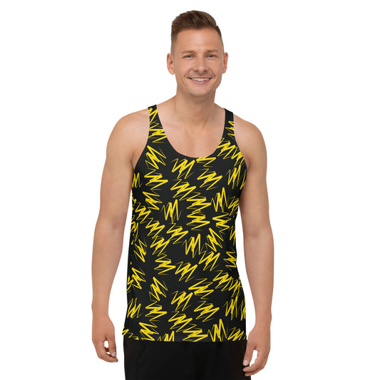 Mens wrestling cosplay tank top in yellow zigzags on black polyester fabric. Relaxed fit, sleeveless cosplay activewear by Billingtonpix