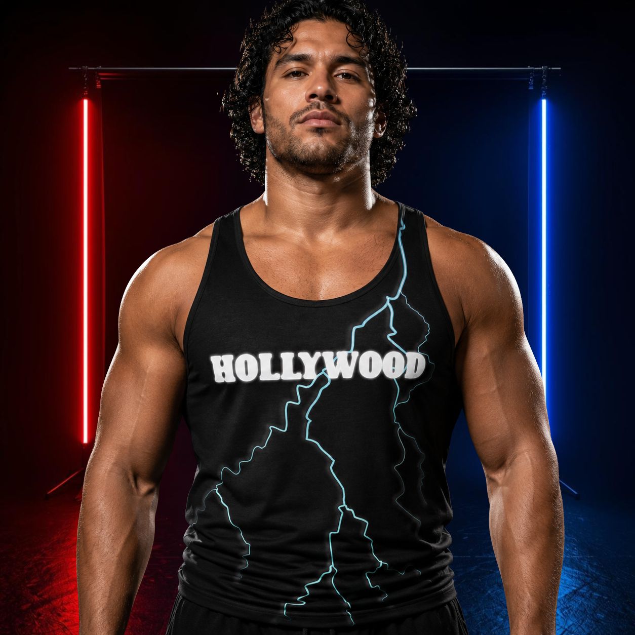 Man wearing a black tank top with 'HOLLYWOOD' and blue lightning bolt printed on it against a colorful patriotic neon lit background.