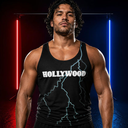 Man wearing a black tank top with 'HOLLYWOOD' and blue lightning bolt printed on it against a colorful patriotic neon lit background.
