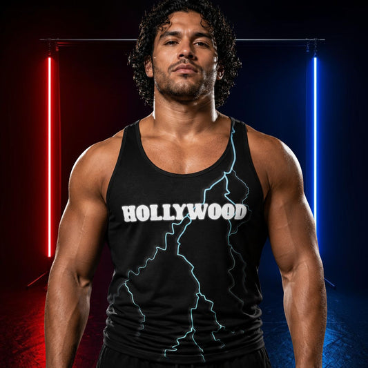Man wearing a black tank top with 'HOLLYWOOD' and blue lightning bolt printed on it against a colorful patriotic neon lit background.