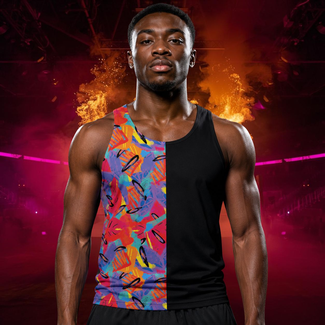 Man wearing black and abstract floral split design tank top with retro 80s Memphis style design in red and blue and matching black panel