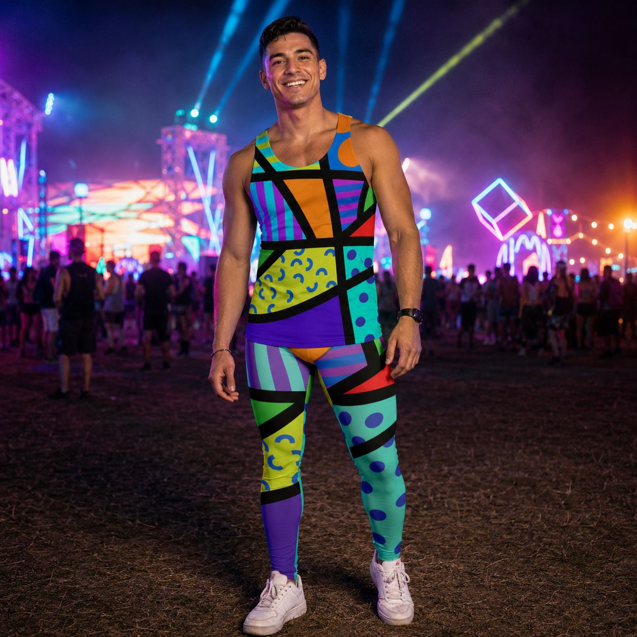 man wearing a retro geometric tank top and matching leggings in an 80s Memphis style at a festival in the evening