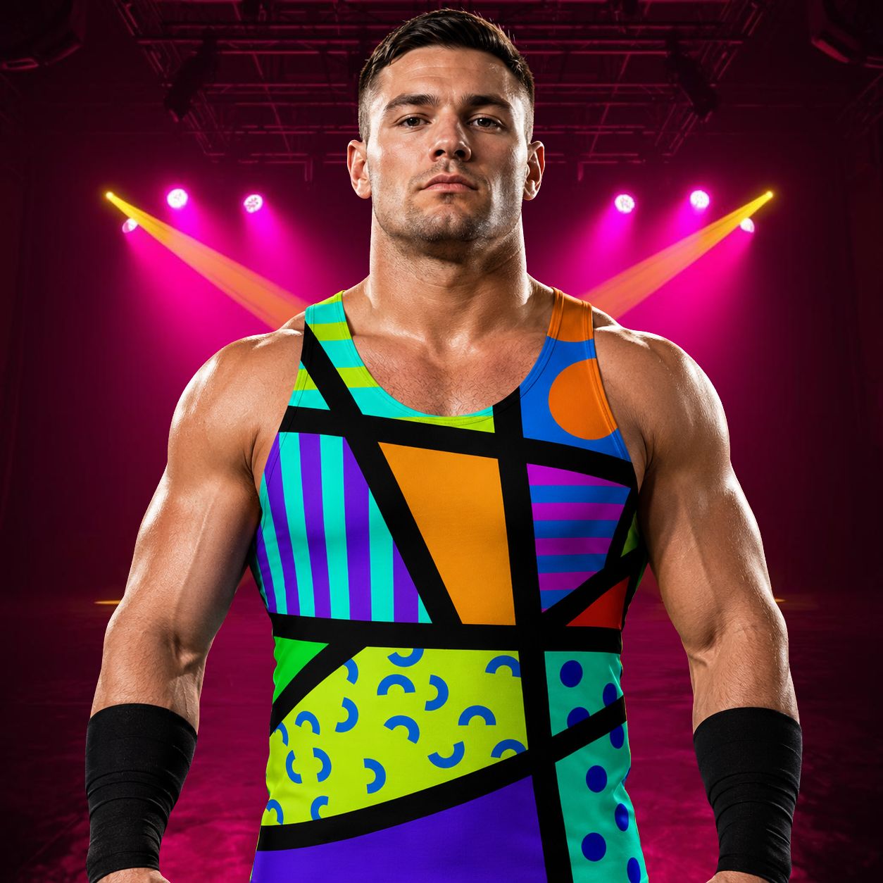 man wearing tank top in geometric memphis design 